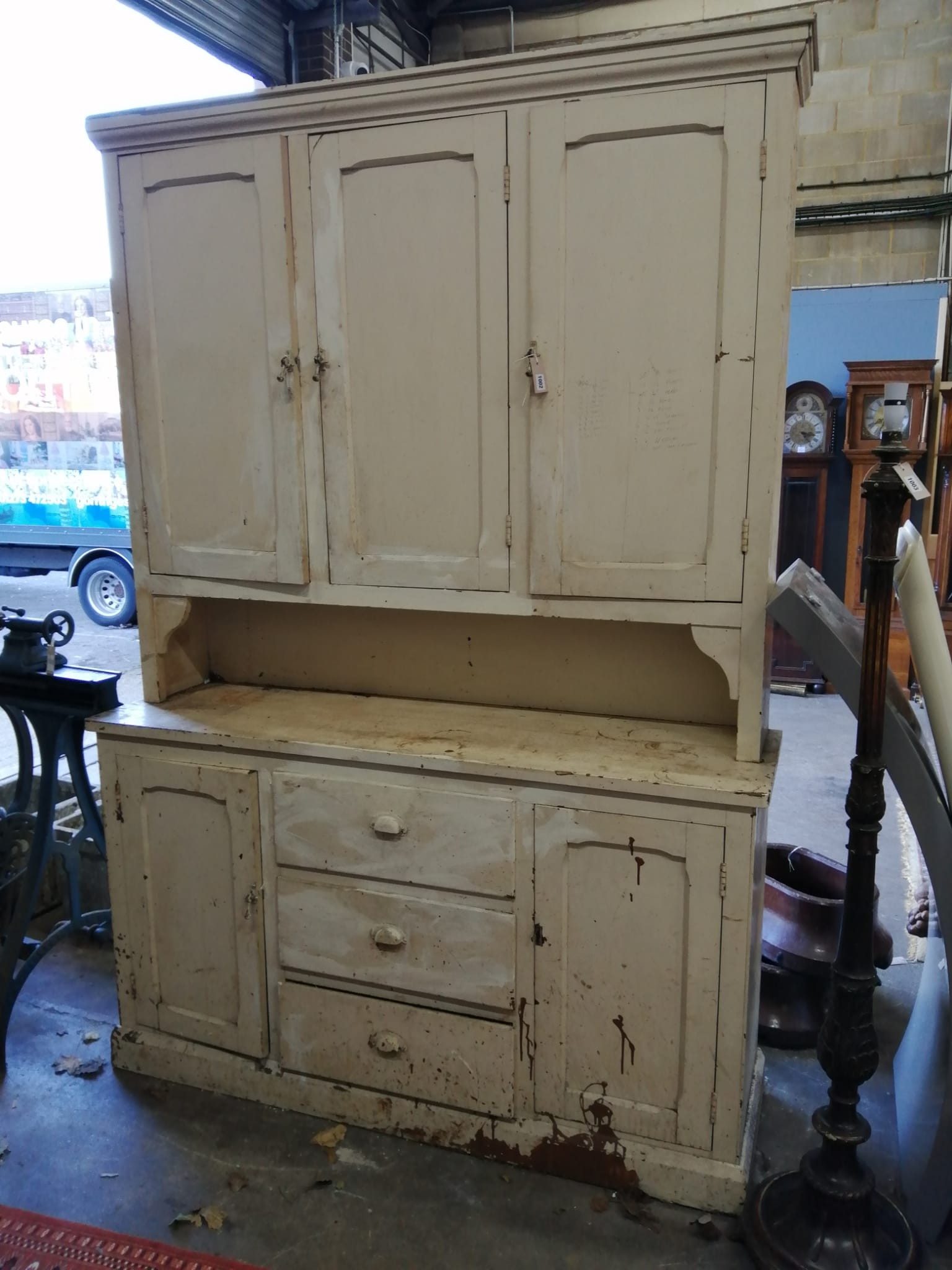 A late Victorian painted pine dresser, width 158cm, depth 46cm, height 230cm
